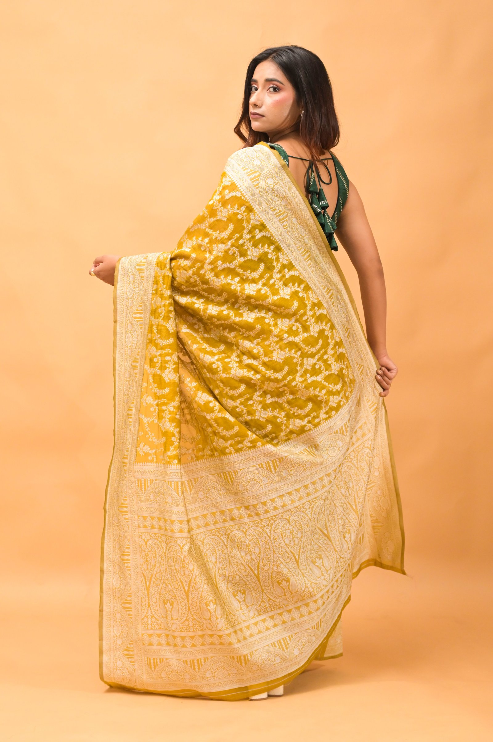 Leaf Jaal Ochre  Pure Cotton Saree With Strip Blouse